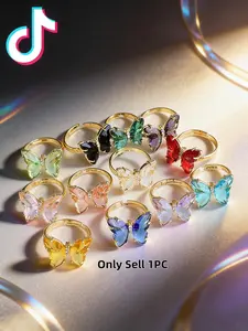 Butterfly Adjustable Rings, K9 Crystal Glass Open Design, Multicolor Zirconia Inlay, Fashion Jewelry Gift for Women
