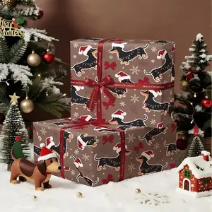 Extra Large Long Christmas Gift Wrap Roll | Size: 58×23 Inch | Elegant Brown Dachshund Pattern, Snowflakes and Leaf Elements | Durable Tear-Resistant PP Material | Suitable for Holiday, Wedding, Birthday Party & Big Gift Packaging
