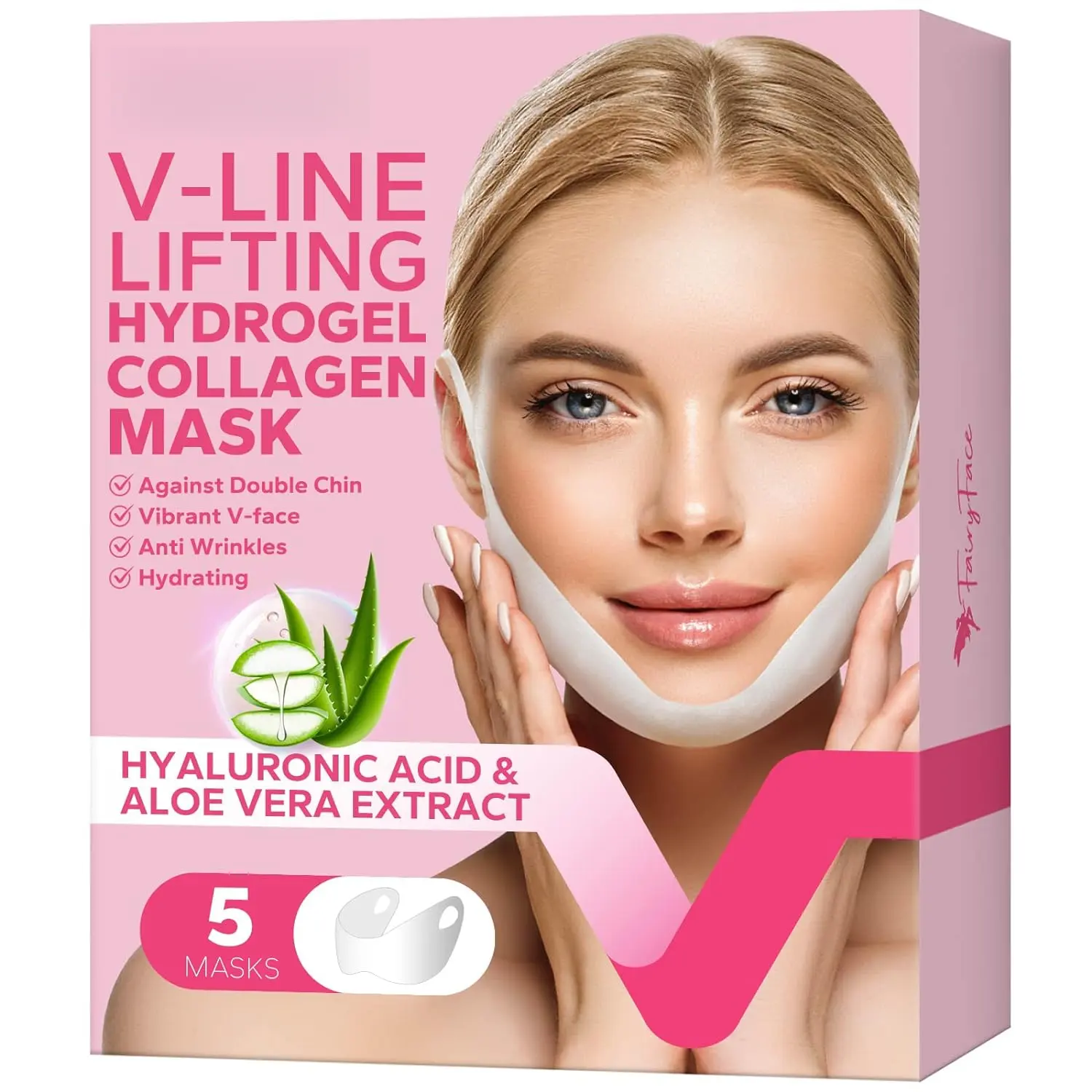 V Line Shaping Face Masks (5 Count). Hydrates chin, enhances V-line. Natural ingredients like HA, aloe, seaweed, collagen. Hypoallergenic. Fits various face shapes. For anti-aging, contouring. #   FaceMasks #   Facial Contouring