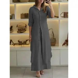 Women’s summer and autumn two-piece set: elegant cotton–linen collared loose-fit long-sleeve top paired with wide-leg high-waisted trousers; casual oversized suit in apricot, minimalist basic style.