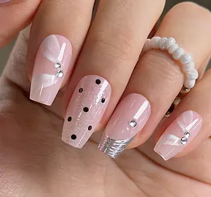 Curvlife medium coffin ballerina french Nail Art Press On Nails 3 d nude glossy shiny 2 Week Wear