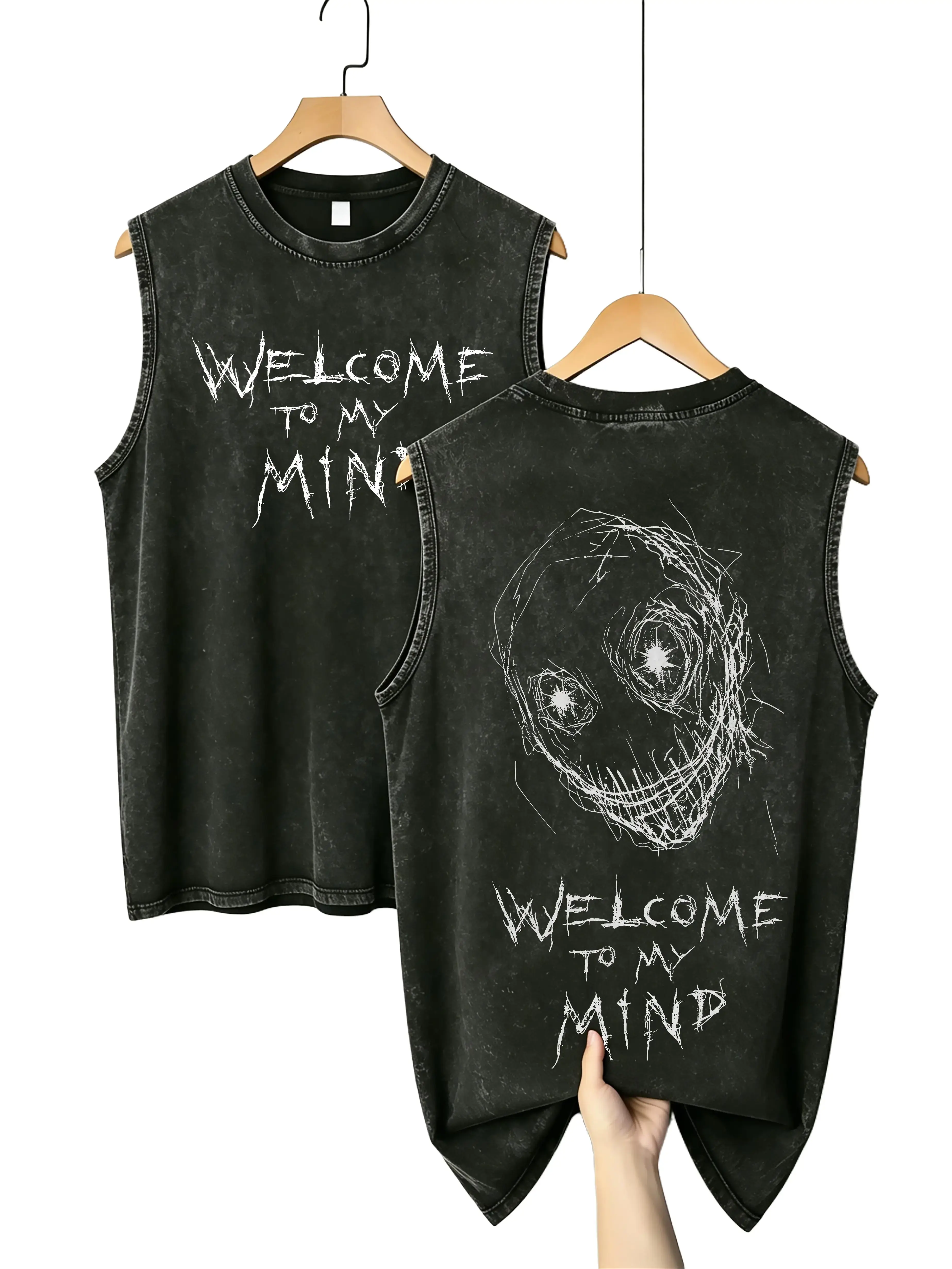 Men's 210G Heavyweight Vintage Washed Black Cotton Tank Tshirt - Gothic Skull Graphic, Oversized, Y2K Grunge Streetwear Sleeveless Menswear Summer Top