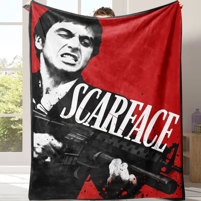 Scarface Tony Montana Fleece Throw Blanket, Al Pacino Classic Gangster Movie Graphic Plush Blanket, Red Black Splash Print, Cozy Soft Blanket For Movie Fans Couch Bed Home Decor