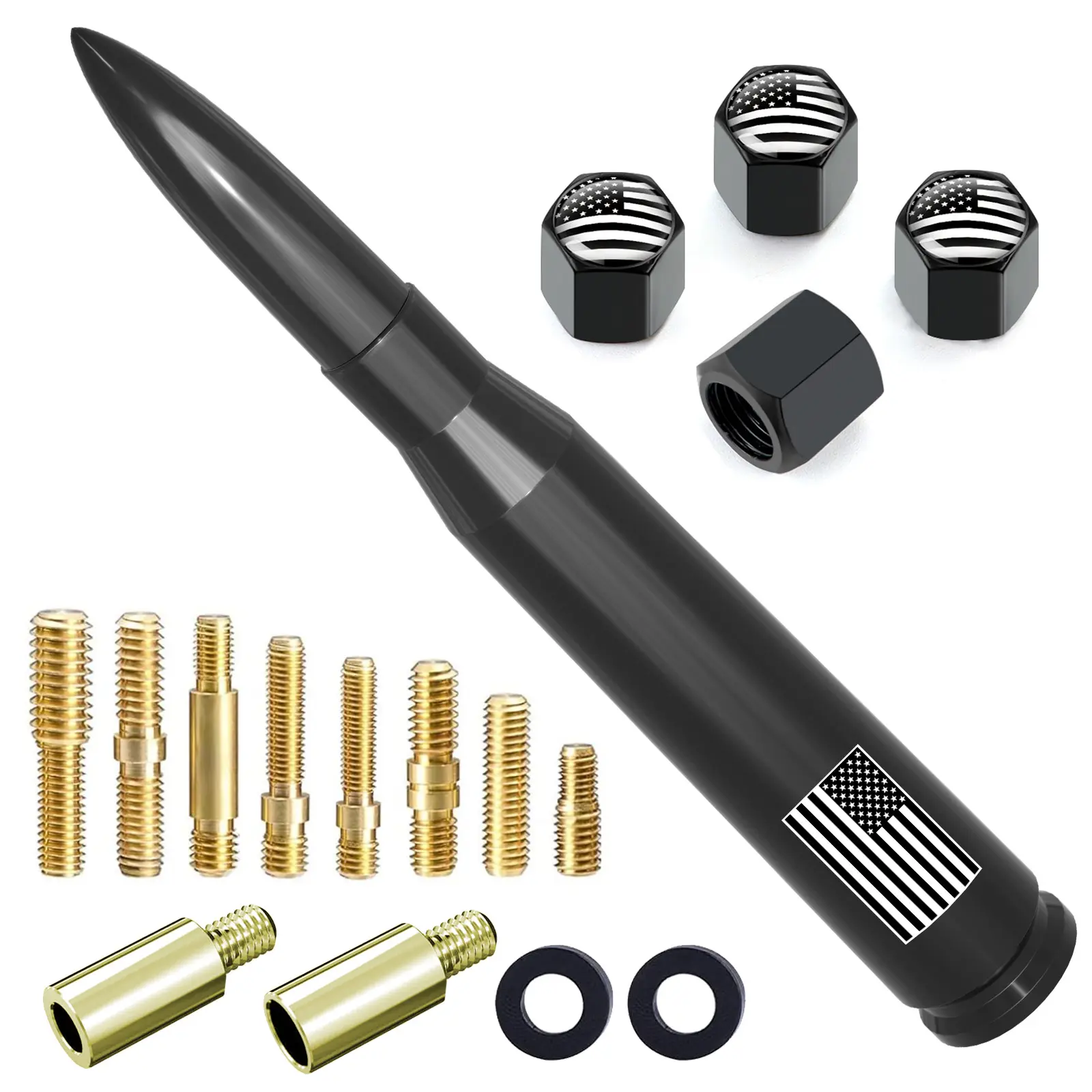 Car Truck Bullet Antenna with Tire Valve Caps American Flag Universal Short Replacement for GMC Sierra Chevy Silverado Dodge Ram 1500 2500 3500 Ford F150 F250 F350 Super Duty Raptor Radio Accessories, Black Automotive Car Gadgets