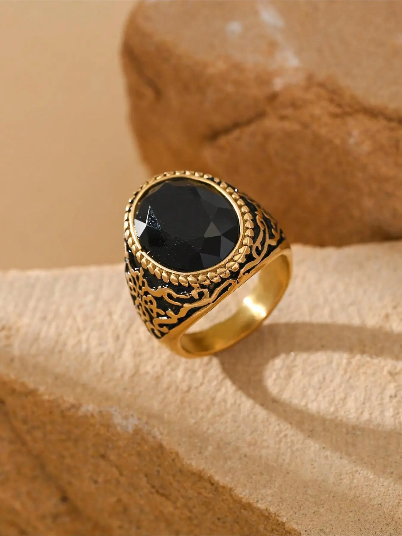 1pc Stainless Steel Plated 18K Gold Inlaid Cubic Zirconia Retro Business Oval Men's Ring Elegant Ring Gift Jewelry Vintage Rings