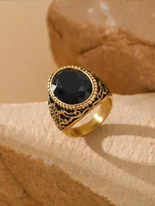1pc Stainless Steel Plated 18K Gold Inlaid Cubic Zirconia Retro Business Oval Men's Ring Elegant Ring Gift Jewelry Vintage Rings