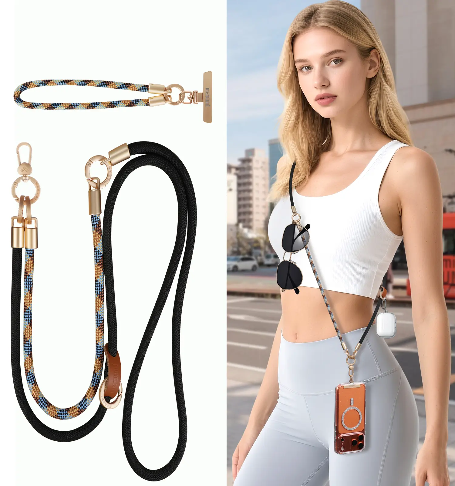 MEMUMI 3 in 1 Universal Phone Lanyard for Smartphones Stainless Steel Crossbody Strap for Cellphone, Neck Strap, Wrist Strap Anti-Theft Secure Lanyard