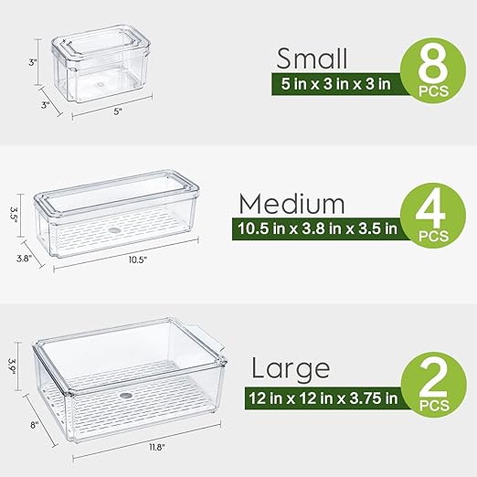 AISOON 14 Pack Fridge Organizer, Stackable Refrigerator Organizer Bins with Lids, BPA-Free Produce Fruit Storage Containers for Food, Vegetable Storage Durable Kitchen Appliances