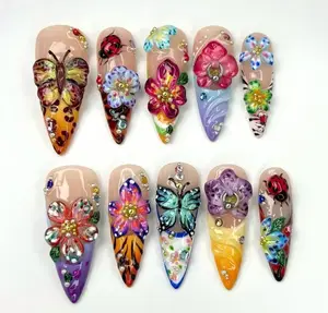 3D Floral & Butterfly Press On Nails, Handcrafted Luxury Nail Art, Vibrant Spring Nails, Unique Multicolor Floral, Ladybugs Fake Nails
