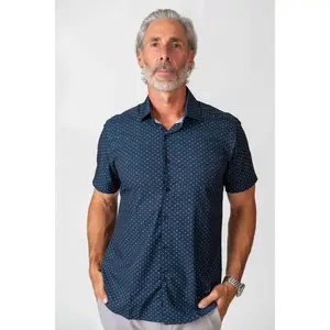 TOM BAINE "The Commander" Blue Anchor Men's Casual Short Sleeve Shirt Fitted Medium Length 4-Way Stretch Contrast Trim Perfect for Everyday Wear