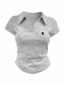 New Spring Summer V Neck Horse Print Women's T-Shirt, Campus Commute Dual Use, Breathable Slim Fit Polo Shirt, Casual Fashion Top