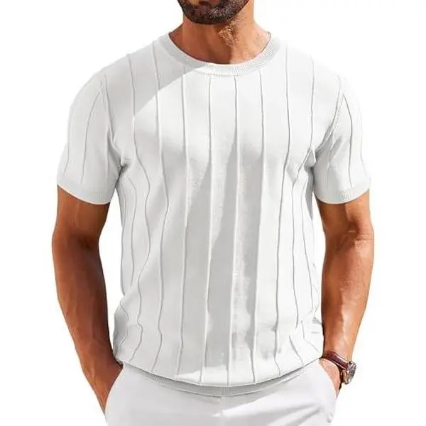 COOFANDY Men's Short-Sleeve Knit Crewneck Ribbed Pullover Top, Versatile Streetwear Piece with Premium Fabric (Pair with Jeans & Jackets), Tops, Tshirt, Menswear, Viscose, Knitwear, Sweater, Party, Round Neck, Jeans/Pants Ready, Ribbed Texture, Chic, Soft