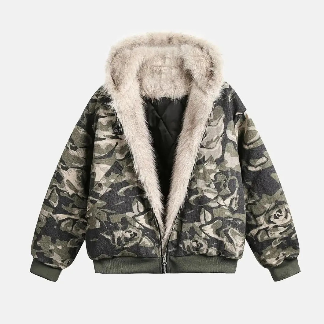 Inlfation Camouflage  plush Unisex Fashion Croped Boxy Short Flight Jacket with Hood, Zip Design,   Anti-Pilling Casual Winter Jacket Coats Stylish Street wear