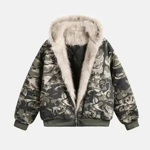 Inlfation Camouflage  plush Unisex Fashion Croped Boxy Short Flight Jacket with Hood, Zip Design,  Valentine's Day Anti-Pilling Casual Winter Jacket