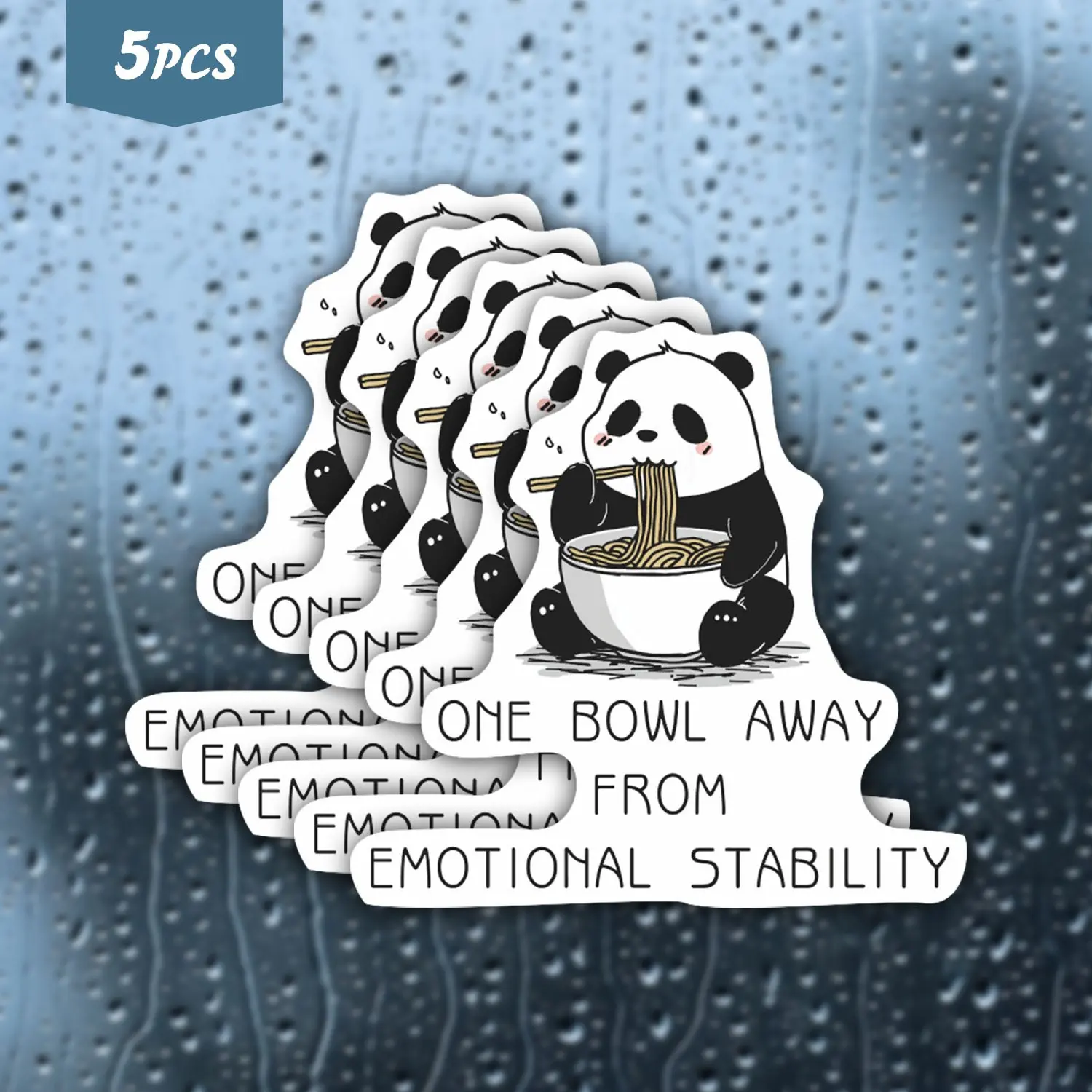 5Pcs Comfort-Focused Noodle-Loving Panda "One Bowl Away From Emotional Stability" Waterproof Vinyl Sticker, Self-Adhesive Single-Use Decal, Suitable For Water Bottles, Laptops, Cars, Tablets And More, Ideal For Panda, Foodie Comfort And Emotional Resilien