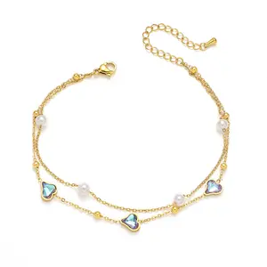 Colorful Heart Anklet for Women Fashion Gold Plated Beaded Double-layer Peach Heart Trendy Design Casual Foot Jewelry
