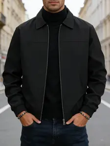 Men's spring and autumn casual fashionable jacket, Casual wear coat, Zip up coats, with zipper closure, ribbed hem, simple solid color, light business collar, machine washable, polyester fiber, suitable for daily leisure, work travel