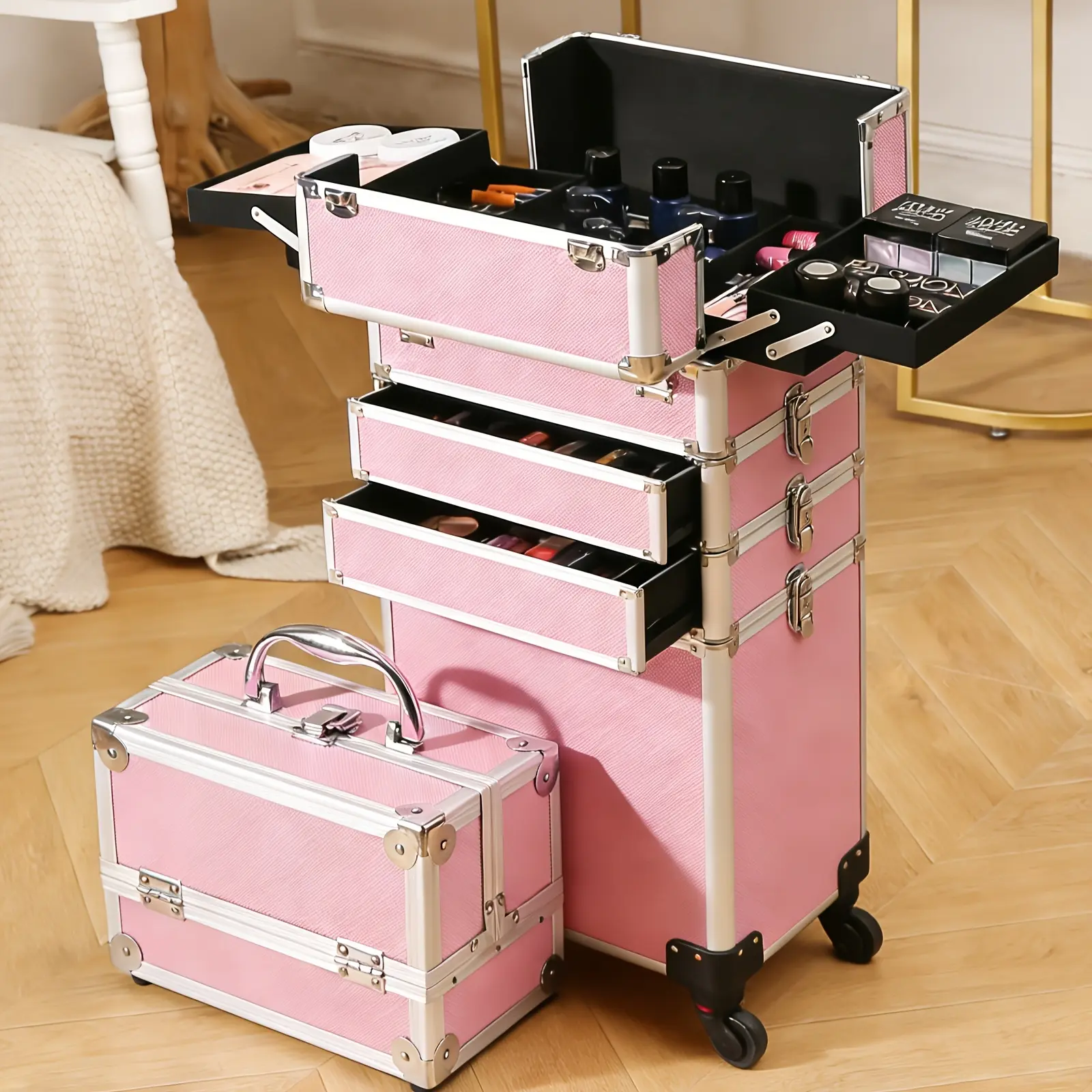 4in 1 Aluminum Cosmetic Professional Makeup Case Tattoo Box, Extra Large Cosmetic Case Rolling Makeup Case Trolley Makeup Travel Organizer with 360 °     Swivel Wheels Pink Black