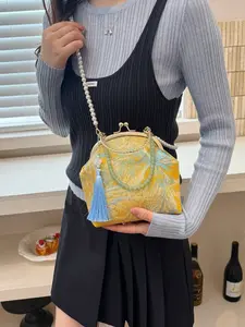 Women's Embroidered Crossbody Bag, Beaded Handle + Pearl Chain Strap, Handbag & Shoulder Bag, Casual & Formal Use, Daily Commute