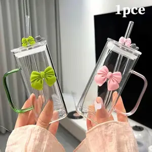 Bow Decor Clear Borosilicate Glass Cup with Straw & Lid, Food Grade BPA Free Lead Free Heat Resistant Stylish Drinkware, Dishwasher Safe Tumbler for Iced Coffee Smoothie Tea Water Home Office Kitchen Party Daily Use Mug
