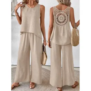 Women's Vacation Sleeveless Top With Lace Mesh Back & Wide Leg Pants Set, Apricot, For Spring/Summer
