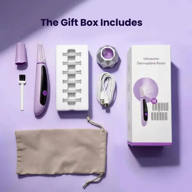 AxionMenta Women's Sonic Dermaplaning Tool for Face- 3 Speeds Rechargeable Facial Exfoliation & Peach Fuzz Hair Removal with 12 Rechargeable Blades, 12 Rechargeable Blades, 3-Speed Dermaplane Razor for Women Face, Purple Body Hair Trimmer