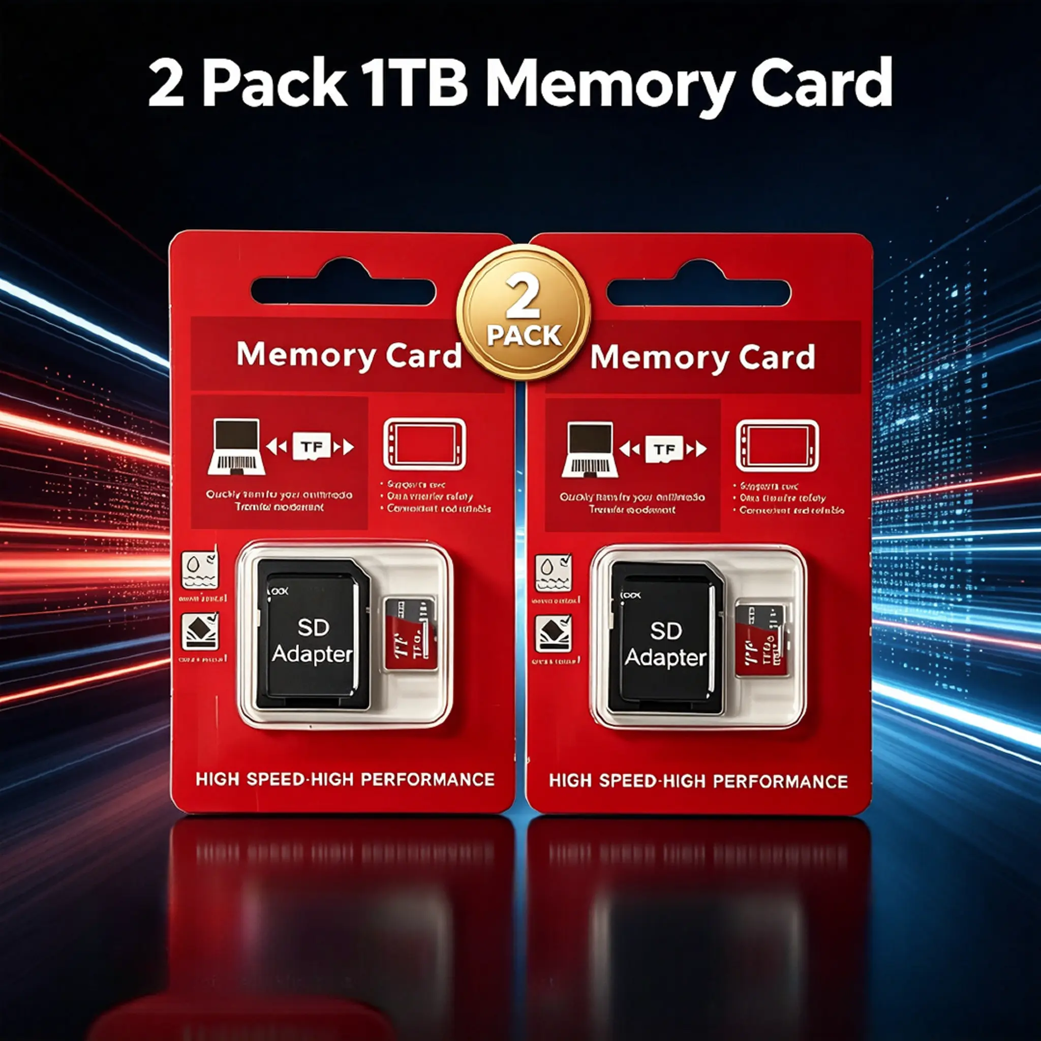 2 pack of 1TB TF memory cards with SD adapter TF/SD combination,+card reader, suitable for most portable electronic devices