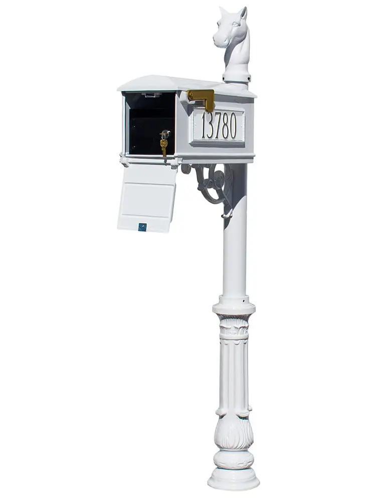 Mailbox Locking Insert Post System with Ornate Base - Horsehead Finial & 3 Cast Plates - White
