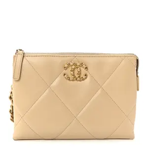 Pre-owned CHANEL Shiny Goatskin Quilted Small Leather Goods 19 Small Pouch With Handle Beige