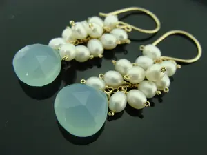 Aqua Blue Chalcedony and Freshwater Pearl Cluster Earrings · 14K Gold Filled or Sterling Silver · Dangle Gift Jewelry for Her