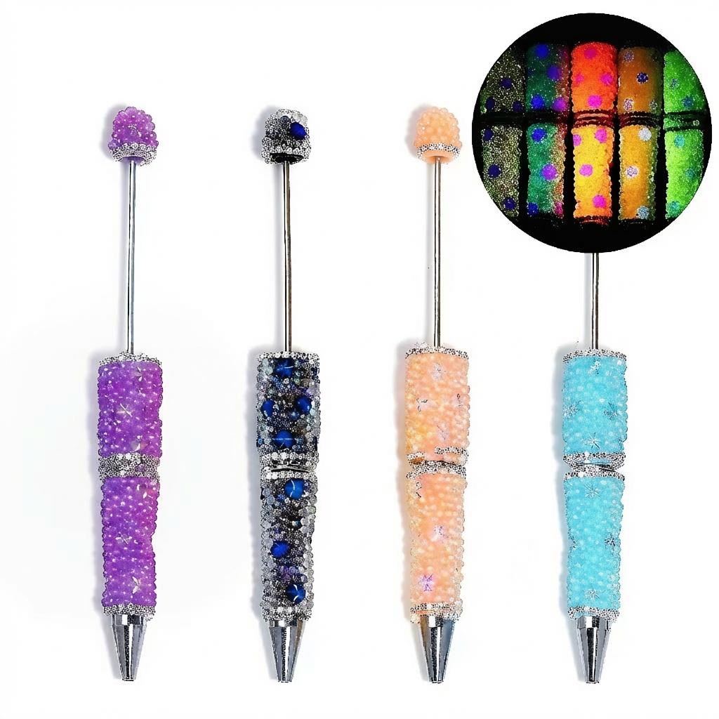 4 PCS Luminous Snowflake Full Rhinestone Glitter Beadable Pen | Handmade Bead DIY Pen, 1.0mm Ballpoint Pen, Cute Bead Journaling Pen & Beadable Item, Bling Rhinestone Chain Love Bead Pen, Tween Girl Gift, Sparkly Craft Stationery Beauty Must-Have Gift