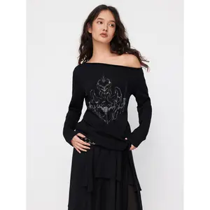 Cider Cotton-blend Abstract Graphic Asymmetrical Neck Long Sleeve Tie Side Oversized Tee