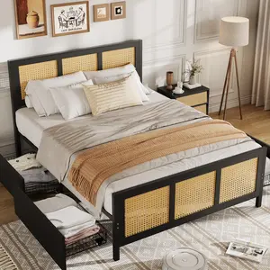 Garvee Black Rattan Queen Bed Frame with Headboard & 4 Drawers - Boho Cane Platform Bed, Strong Metal Slats Support, Noise-Free, No Box Spring Needed