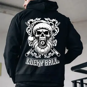Lucky Ball Hoodie – Gothic Skull 8-Ball Pool Graphic Pullover, Edgy Biker Style Santa Design, Perfect Gift for Pool Players & Badass Men