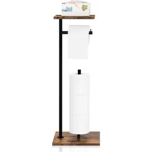 Toilet Paper Holder Stand with Shelf Toilet Paper Roll Holder with Reserve Free Standing TP Holder Toilet Paper Stand with Shelf for Bathroom Holds Wipe, Mobile Phone, Mega Rolls, Brown