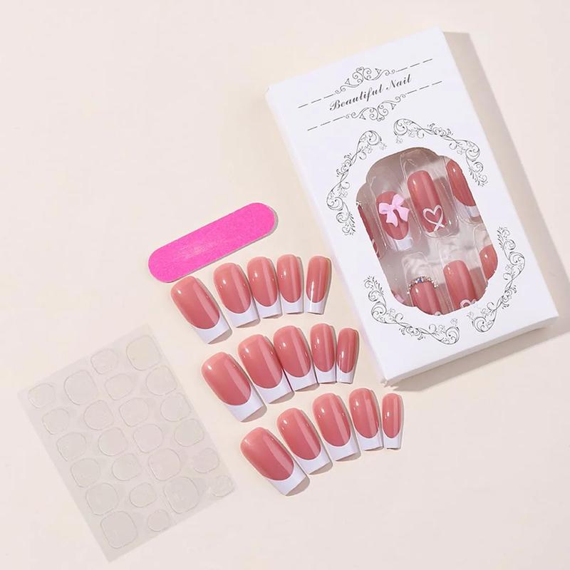 French Tip Press on Nails with Charms Medium Fake Nails White French Nails Press ons Cute Bow Stick on Nails Long Square Shape Acrylic Nails Heart Nails Rhinestones Nails for Women Daily Wear