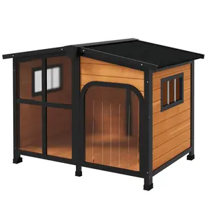 Rustic Cabin-Style Yellow Wooden Dog Kennel for Large Dogs - Openable Roof, Giant Window, All-Weather Comfort, Easy Cleaning, Ventilation, Monitoring - Ideal for Backyard, Garden