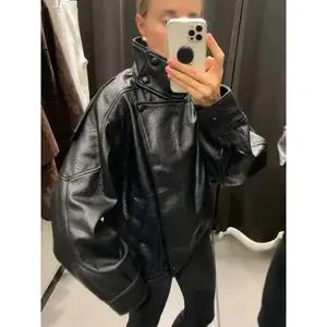 HH Autumn women’s street fashion loose leather jacket with long sleeves, turtleneck, zipper, pockets, asymmetric vintage design; can be worn as outerwear or under a raincoat