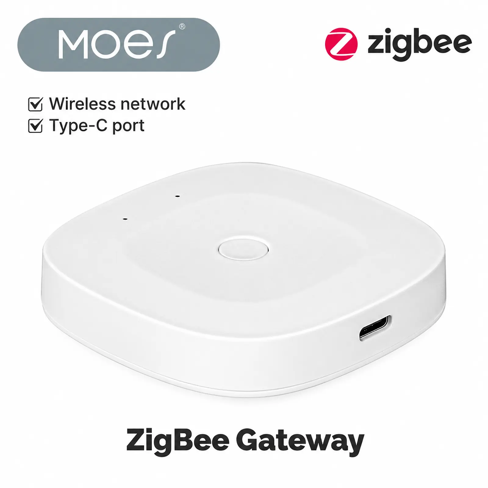 MOES Compact Indoor Wireless Zigbee Gateway with Type-C Port, 1-Min Setup, Plug-and-Play, Wide Operating Range, for Smart Home Users to Connect Door/Motion Sensors & Curtain Motors