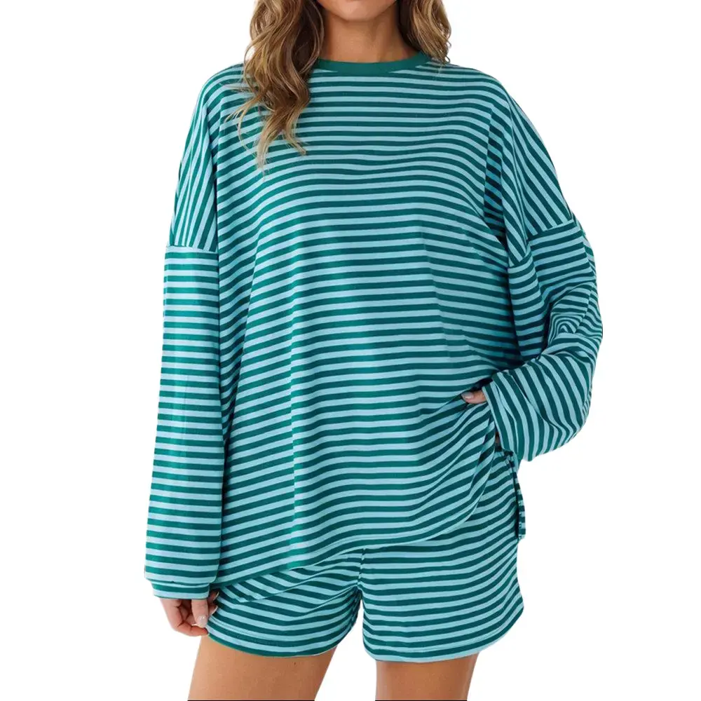 EncoLax Women Casual Striped Matching Tracksuit Set, Loose Fit Long Sleeve Sweatshirt and Elastic Waist Pocket Shorts 2 Piece Loungewear