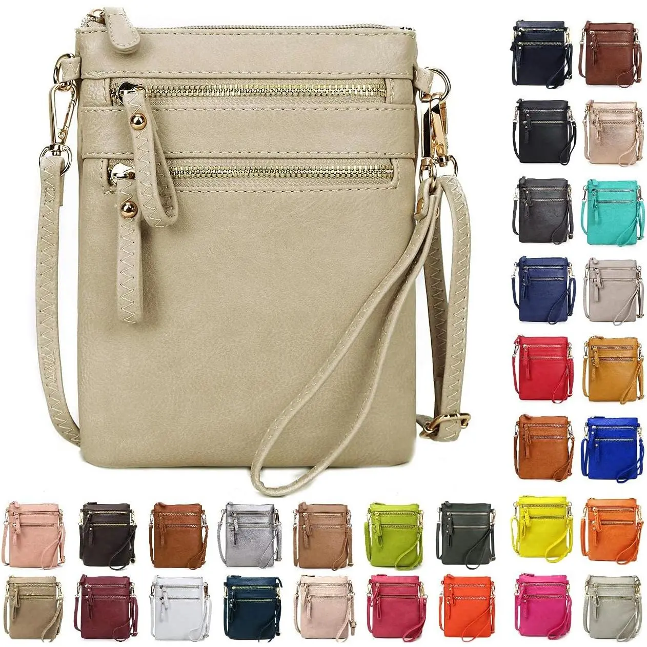 Small Crossbody Bag for Women, Multi Zip Pockets with Detachable Wristlet, Lightweight Travel Purse, Cell Phone Pouch