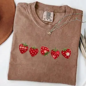 [PRINTED] Comfort Colors Patchwork Strawberry Print T Shirt, Summer Shirt, Spring Gift Shirt, Cottagecore Fruit Tshirt, Varsity Mom Tee