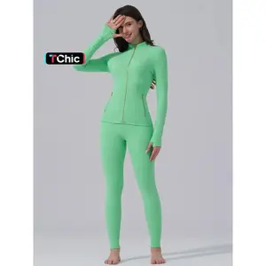 Women's Sporty Tracksuit Set (Gardenia Fragrance), Golden Zipper Jacket with Pockets & Yoga Pants, Thumbholes Design, Casual Wear for Women, Sweatsuit with Pockets, Sports Activewear Set