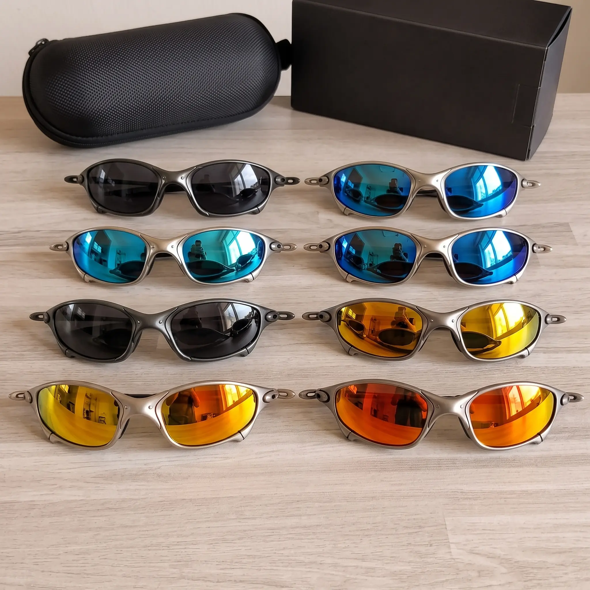 Romeo/Juliet Y2K Vintage Metallic Sports Sunglasses 8-Piece Set with Hard Zipper Case & Gift Box | UV400 Protection Tinted Mirror Lens Wraparound Glasses | Outdoor Cycling Running