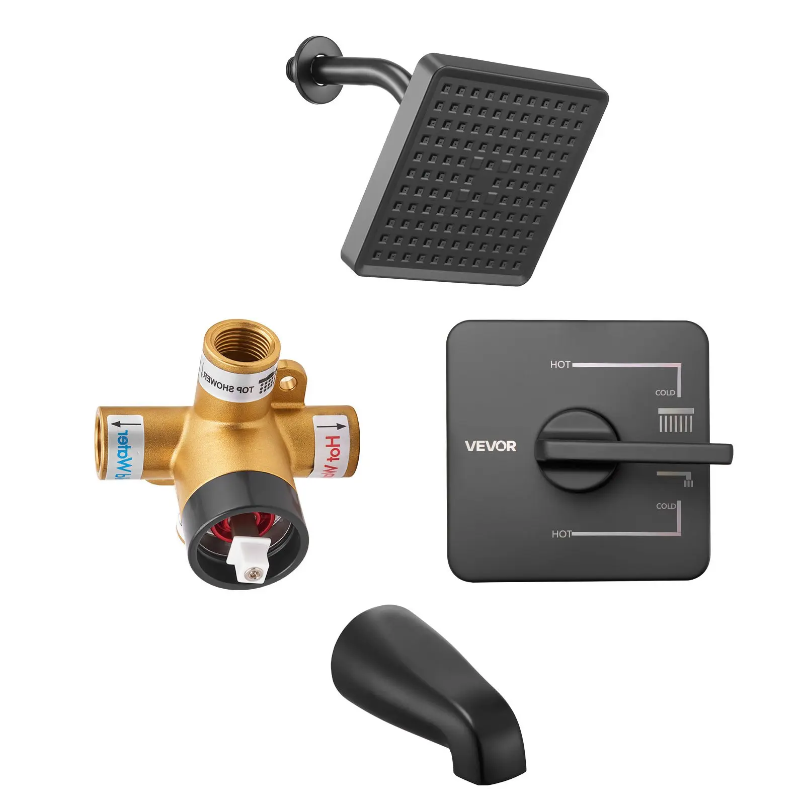 VEVOR Bathroom Shower Faucet Set, 6-Inch Rain Shower Head, Bathtub Spout, Single-Spray Single-Handle Tub Trim Kit with 304 Stainless Steel Valve Trim, Matte Black, Shower Faucets