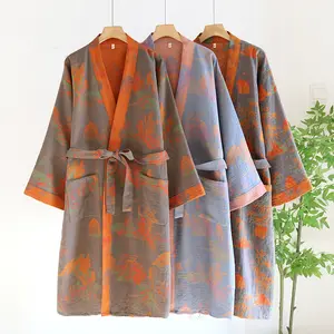 Men's landscape print kimono-style sleep robe. Retro landscape print + contrasting trim, loose drawstring fit, breathable and skin-friendly. Available in three colors.