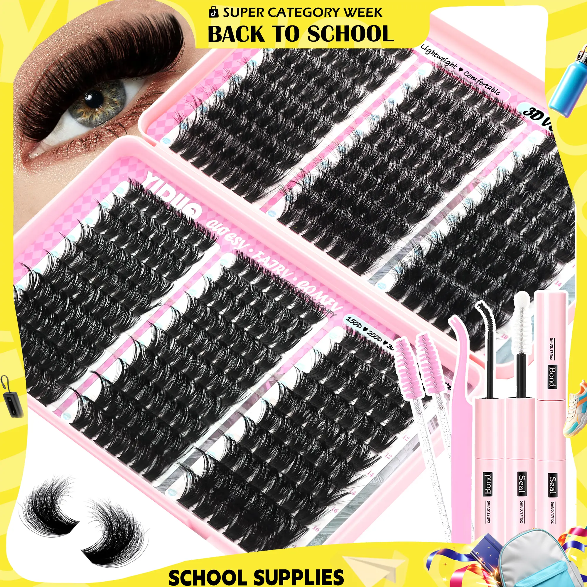 YIDUO Lash Clusters Extension Kit – Mixed Fluffy Individual Lashes with Lash Book, Multi-Volume Selection, High Cost-Effectiveness, Includes Bond & Seal, for Beginners & Professionals BackToSchool