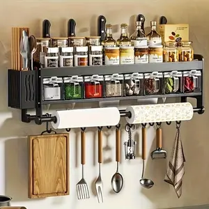 Multi-Functional Kitchen Wall Organizer, Black Metal Spice Rack with Towel Bar and Hooks for Home Kitchen Storage