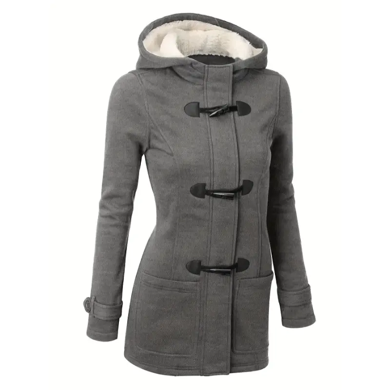 Women's Casual Hooded Duffle Coat, Long Sleeve Solid Regular Fit Polyester Blend Outerwear for Fall & Winter, Fabric, Longsleeves, Hooded Neck, Patch Pockets, Jackets, Clothes