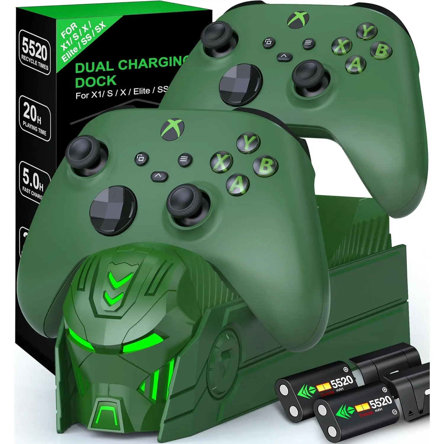 Rechargeable Xbox One Controller Charger Station with 2X 5520mWh Battery Pack Accessories Storage - for Xbox Series X/S/One/One X/One S Elite with 4 Battery Covers (Green)